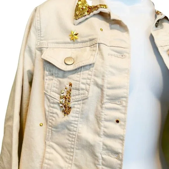 Handmade Upcycled Disney Jean Jacket sz S Sequin Embellished Mickey Denim Gold - Picture 9 of 10